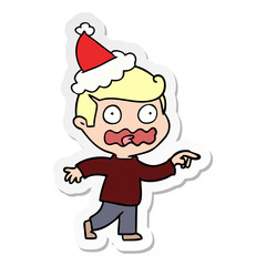 sticker cartoon of a stressed out pointing wearing santa hat