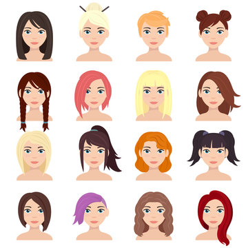 Women's hairstyles set. Long and short hairstyle. Character woman with various haircut and different hair color. Isolated vector illustration