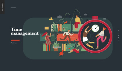 Technology 2 -Time management - modern flat vector concept digital illustration of time management metaphor, a stopwatch, timeline and people in workflow. Creative landing web page design template