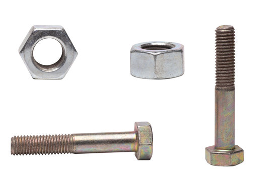 Nut And Bolt On Different Sides On White Background.