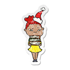 distressed sticker cartoon of a woman wearing santa hat