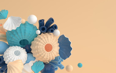 Sea urchins, shells, coral and bubbles set. 3d rendering marine life background. Summer vacation, ocean underwater life concept.