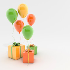 3d render illustration of realistic colorful balloons and gift box with bow on white background. Empty space for party, promotion social media banners, posters.