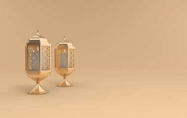 Golden lantern with candle, lamp with arabic decoration, arabesque design. Concept for islamic celebration day ramadan kareem or eid al fitr adha. 3d rendering illustration © Meranna