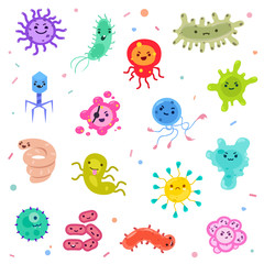 Cute germ, bacteria and viruses set. Characters smile wickedly. Cartoon microbes. Isolated vector illustration