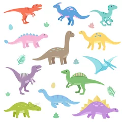 Papier Peint photo Chambre de garçon Ensemble de dinosaures mignons. Dinosaure drôle de bande dessinée. Illustration vectorielle isolé