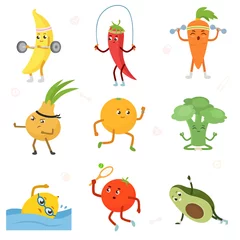 Fotobehang Fruits and vegetables are play sport. Fitness fruit. Cartoon characters set. barbell, jump rope, kettlebell, martial art, running, yoga, swimming, tennis, plank. Isolated vector illustration © Mintoboru