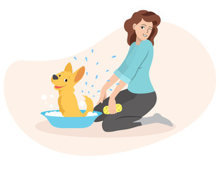 Woman washes a dog. The owner and pet. The happy dog splashes water on the cheerful girl. Bathing. Isolated vector illustration