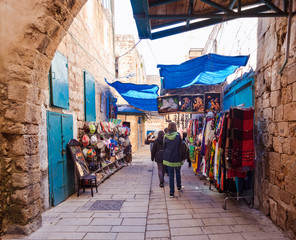 Fototapeta na wymiar The Arabic suq in the historic old city of Akkon, Israel., Middle East