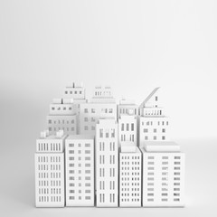 Fototapeta premium White paper skyscrapers. Achitectural building in panoramic view. Modern city skyline building industrial paper art landscape skyscraper offices. 3d rendering illustration
