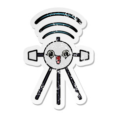 distressed sticker of a cute cartoon satellite