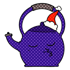 comic book style illustration of a kettle wearing santa hat
