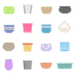 Flower pots of various shapes and colors, set of isolated objects. Vector illustration
