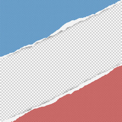 Torn squared red and blue paper in corners are on white background with space for text. Vector illustration