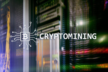 Cryptocurrency mining concept on server room background.