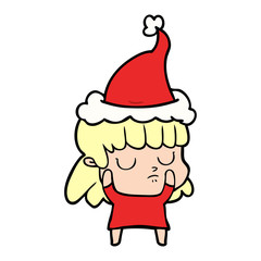 line drawing of a indifferent woman wearing santa hat