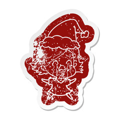 cartoon distressed sticker of a woman crying wearing santa hat
