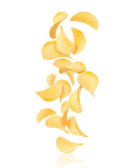 Potato chips fall down, isolated on a white background
