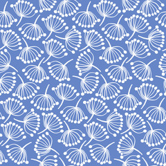 Cute summer floral seamless pattern with doodle white abstract dandelions on blue background. Trendy hand drawn flowers texture for textile, wrapping paper, surface, wallpaper