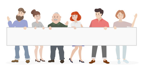 Various people holding white banner. Isolated vector illustration