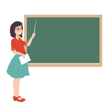 Woman teacher with a pointer near the blackboard. School lesson. Isolated vector illustration
