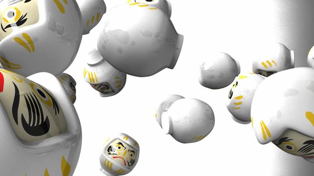 White daruma dolls on white background.Loop able 3D render Animation.Horizontal scrolling camera view.