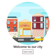 Web banner with city landscape. City landscape. Urban landscape in flat style. Welcome banner.Vector illustration.