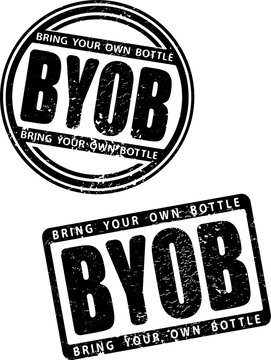 Pair Of Black Grunge Style Rubber Stamp With Abbreviation BYOB - Bring Your Own Bottle