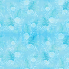 Fototapeta na wymiar A bouquet of daisy flowers - flowers, leaves on watercolor background. Collage of flowers, leaves on a watercolor background. Decorative composition. Watercolor. Seamless pattern.