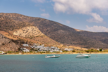 Coast of Sifnos island. The Kamares village surrounded by beautiful mountains. Greece