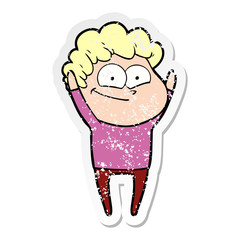distressed sticker of a cartoon happy man