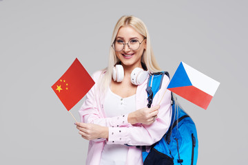 Education, foreign language translator, english, student - smiling blond woman in headphones...