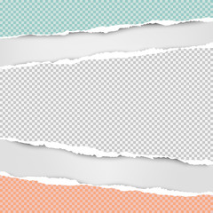 Torn squared white, green, pink horizontal paper strips are on grey background with space for text. Vector illustration