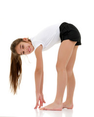 The gymnast perform an acrobatic element.