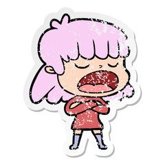 distressed sticker of a cartoon woman talking loudly