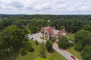 Fototapeta na wymiar Aerial view of Wellesley Town Hall in town center of Wellesley, Massachusetts, USA.