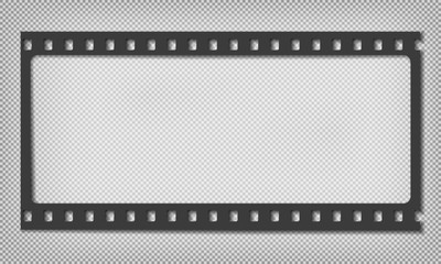 Black grunge horizontal film strip with shadow is on squared grey background. Vector illustration