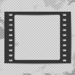 Black grunge film strip with shadow is on squared stained background. Vector illustration