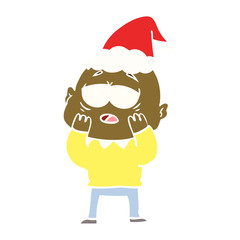 flat color illustration of a tired bald man wearing santa hat