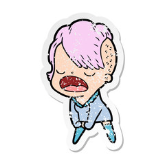 distressed sticker of a cartoon cool hipster girl talking