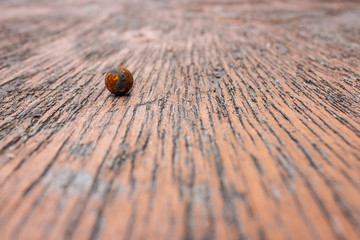.Rusty iron ball on an old cracked wooden surface
