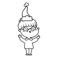 line drawing of a boy wearing spectacles wearing santa hat