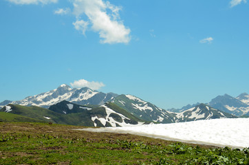 Highland pass, mountains with snowcaps in Abkhazia
