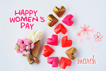 Fototapeta na wymiar Happy International Women’s Day celebrate on March 8, congratulatory CARD. rose-color paper hearts shape figure eight 8 