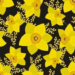 Seamless pattern with yellow daffodils and mimosa on a black background. Floral background. Vector illustration.