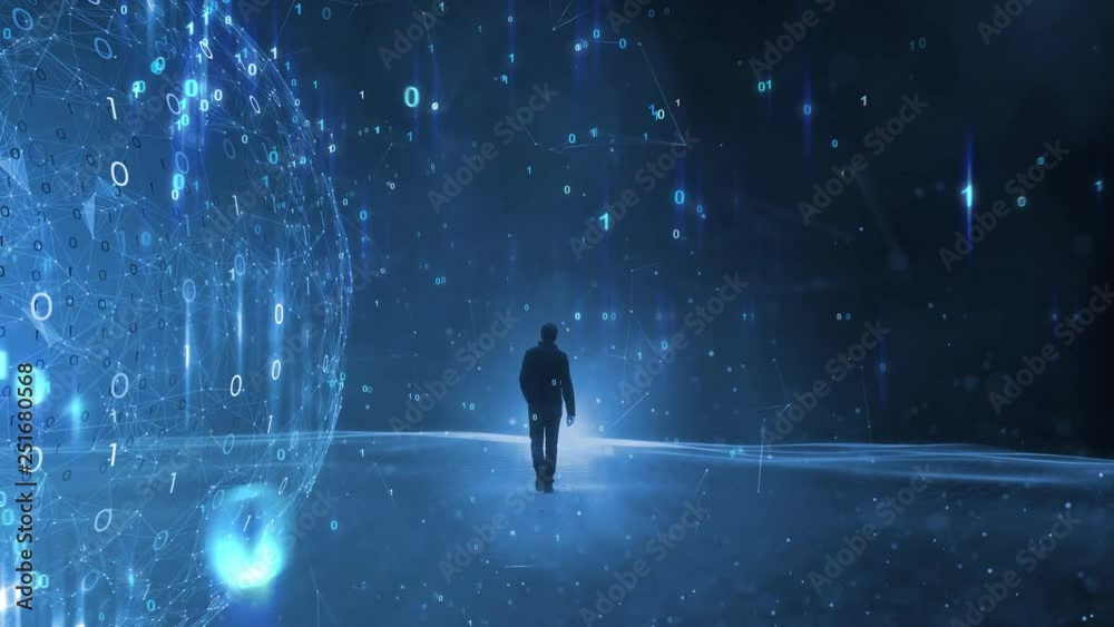 Wall mural businessman walks alone in conceptual digital computer cyberspace.