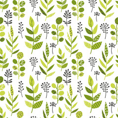 Seamless pattern with green leaves and herbs