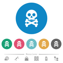 Skull with bones flat round icons