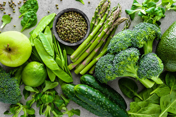 Healthy vegetarian food concept background, fresh green food selection for detox diet, raw...
