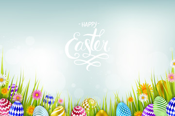 Easter sale banner background template with beautiful colorful spring flowers and eggs. Vector illustration